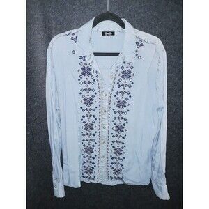 Miss Me Light Blue‎ Dress Shirt With Black Silver Floral Embroidery Large Womens